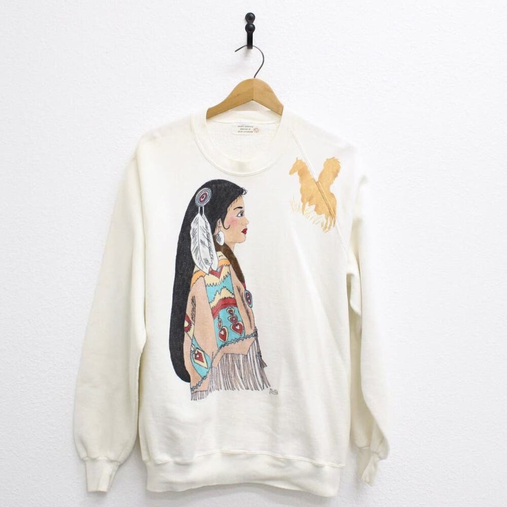 Vintage Hand Painted Native American Indian Woman Sweatshirt Large